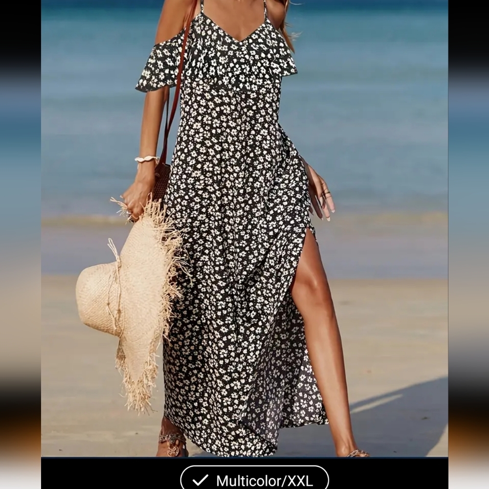 Floral Maxi Sundress Black & White Daisy Print Ruffle Dress Spaghetto Strap‎ XXL